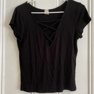 Black lace up v-neck top
